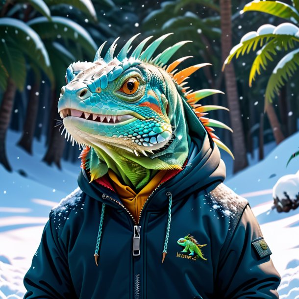 Illustration of a iguana in a hoodie in the snow