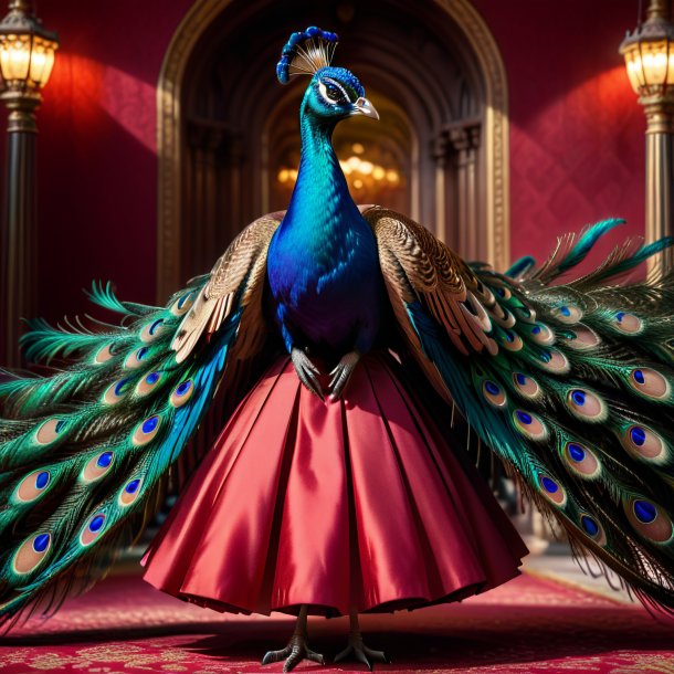 Photo of a peacock in a red skirt