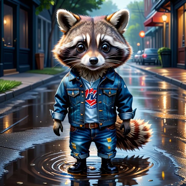 Illustration of a raccoon in a jeans in the puddle