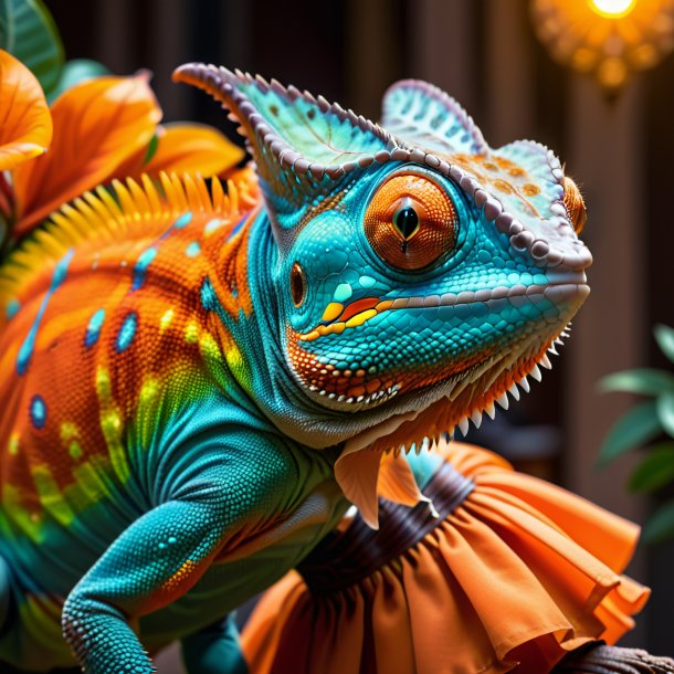 Photo of a chameleon in a orange skirt