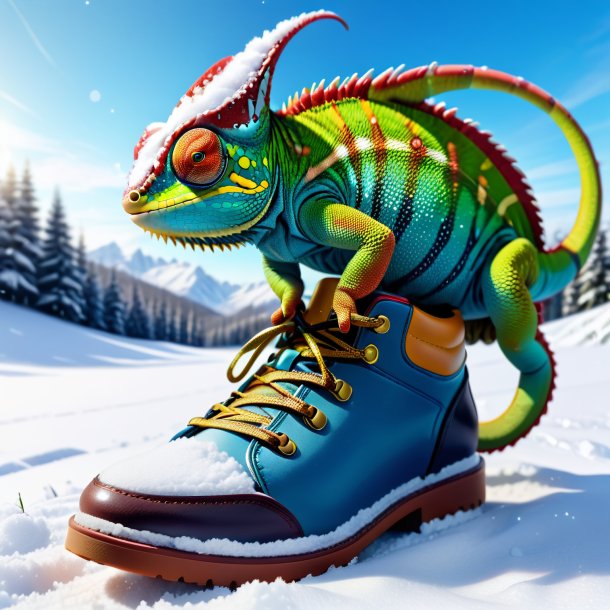 Dessin d'un caméléon dans une chaussure dans la neige