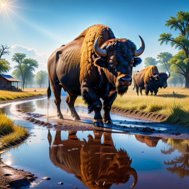 Pic of a waiting of a buffalo in the puddle