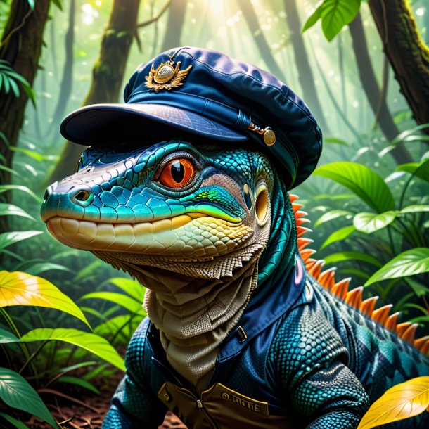 Illustration of a monitor lizard in a cap in the forest