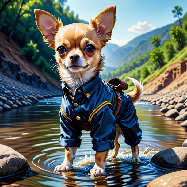 Desenho de um chihuahua em uma calça no rio