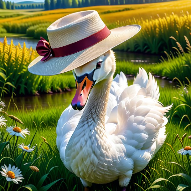 Picture of a swan in a hat in the meadow