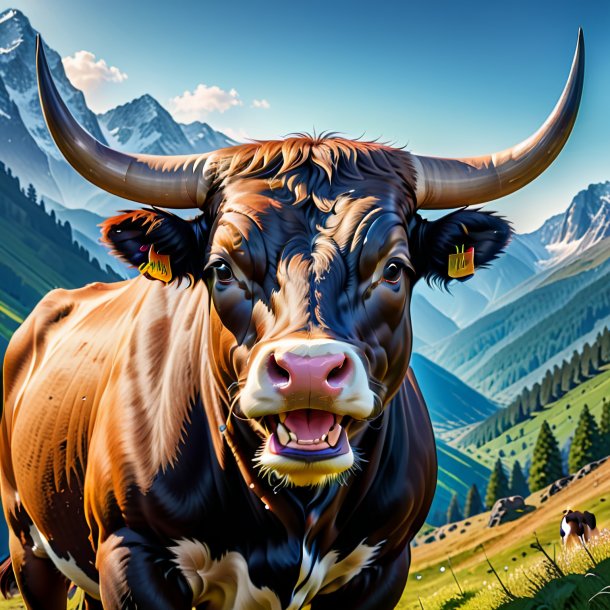 Photo of a smiling of a bull in the mountains