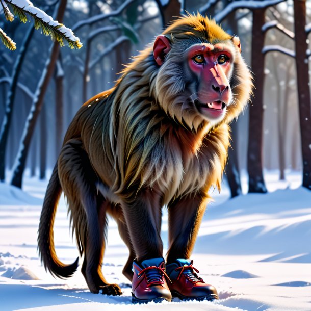 Image of a baboon in a shoes in the snow