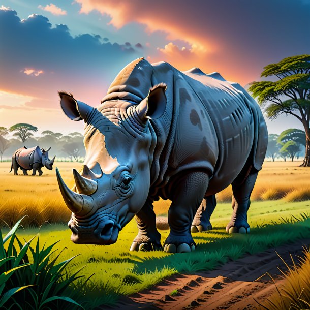 Image of a waiting of a rhinoceros on the field