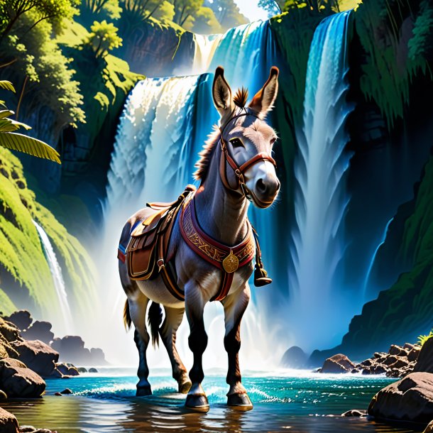 Image of a donkey in a belt in the waterfall