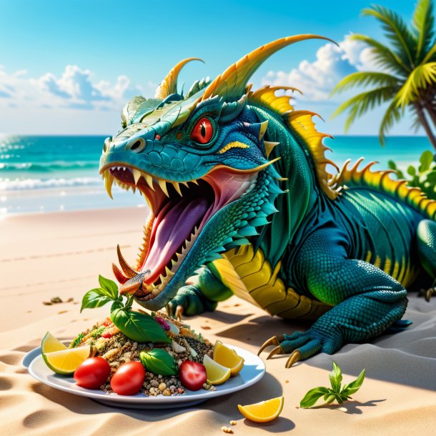 Foto de um comer de um basilisk na praia