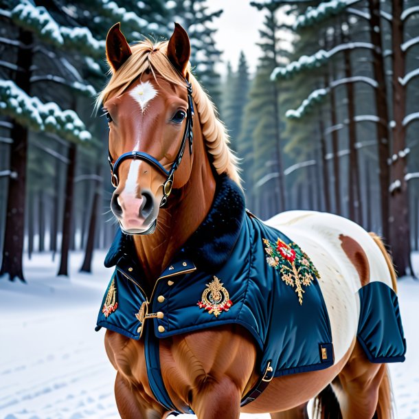 Foto de un caballo en una chaqueta en la nieve