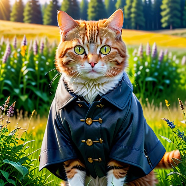 Picture of a cat in a coat in the meadow