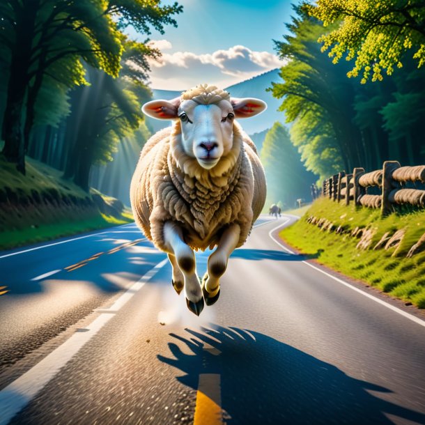 Image of a jumping of a sheep on the road