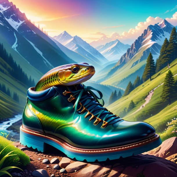 Illustration of a eel in a shoes in the mountains