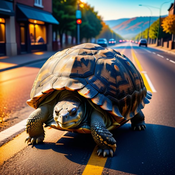 Foto de uma tartaruga em um casaco na estrada