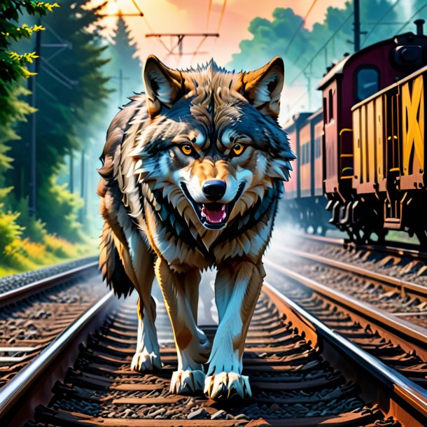 Picture of a angry of a wolf on the railway tracks