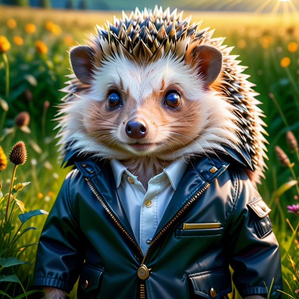 Picture of a hedgehog in a jacket in the meadow