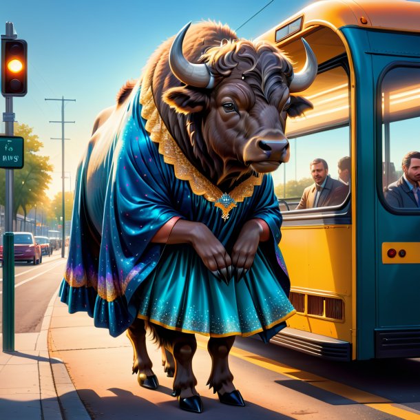 Illustration d'un bison dans une robe sur l'arrêt de bus