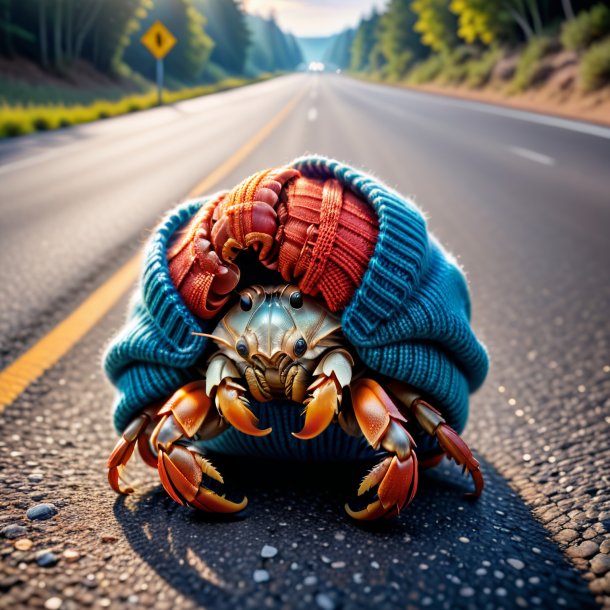 Foto de um caranguejo eremita em um suéter na estrada