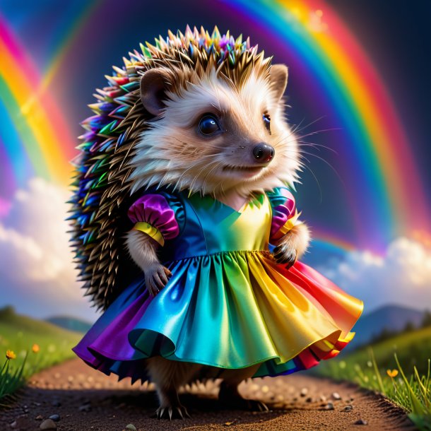 Image of a hedgehog in a dress on the rainbow