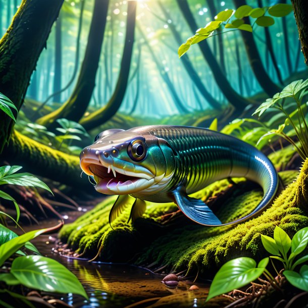 Foto de una comida de una anguila en el bosque