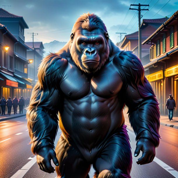 Picture of a gorilla in a coat on the road