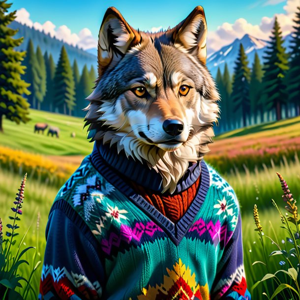 Picture of a wolf in a sweater in the meadow