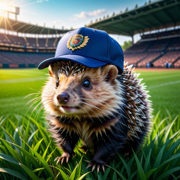 Picture of a porcupine in a cap on the field