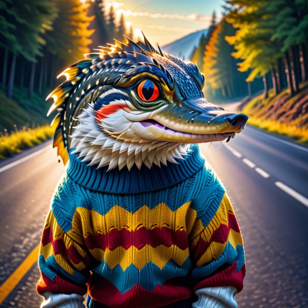 Picture of a pike in a sweater on the road