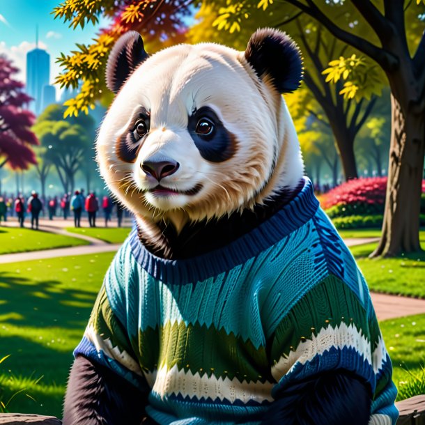 Imagem de um panda gigante em um suéter no parque