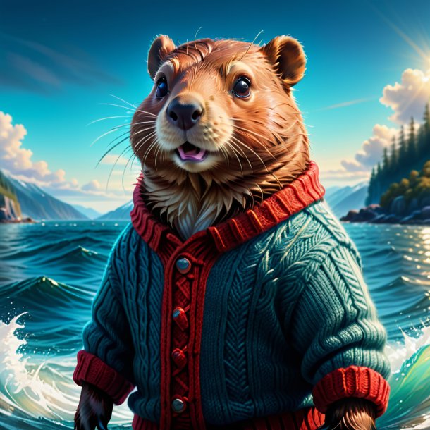 Drawing of a beaver in a sweater in the sea