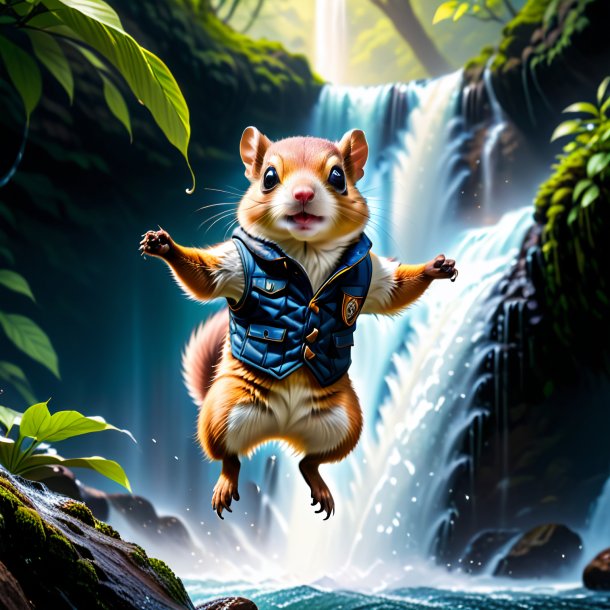 Photo of a flying squirrel in a vest in the waterfall