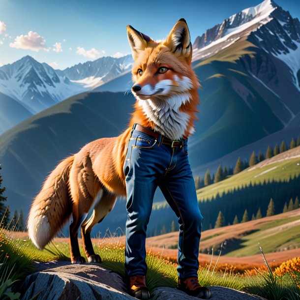 Photo of a fox in a jeans in the mountains