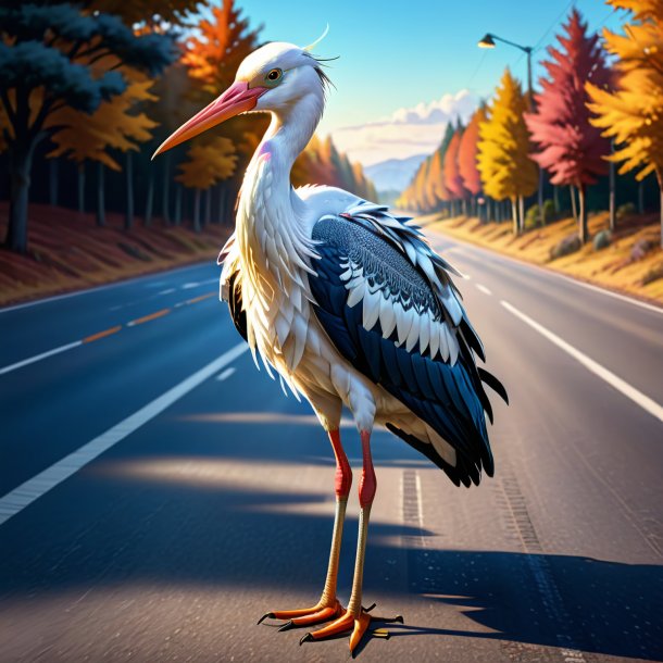 Dessin d'une cigogne dans un pull sur la route