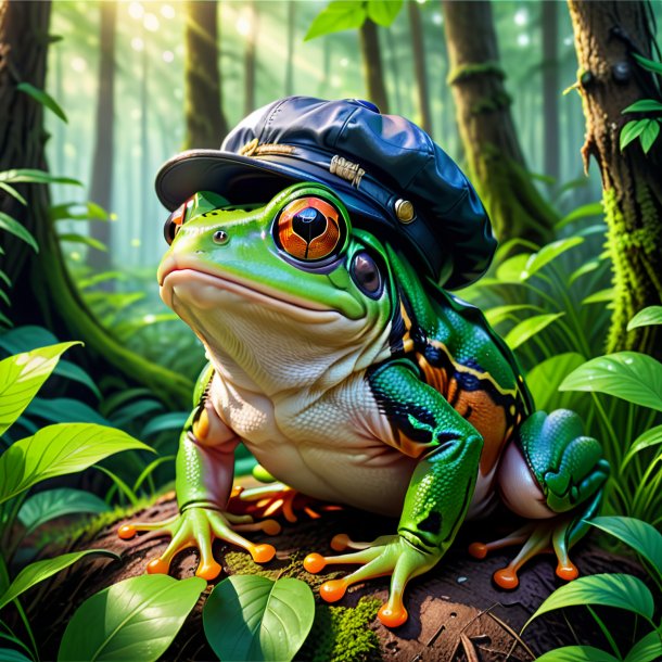 Drawing of a frog in a cap in the forest