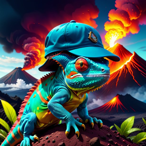 Illustration of a chameleon in a cap in the volcano