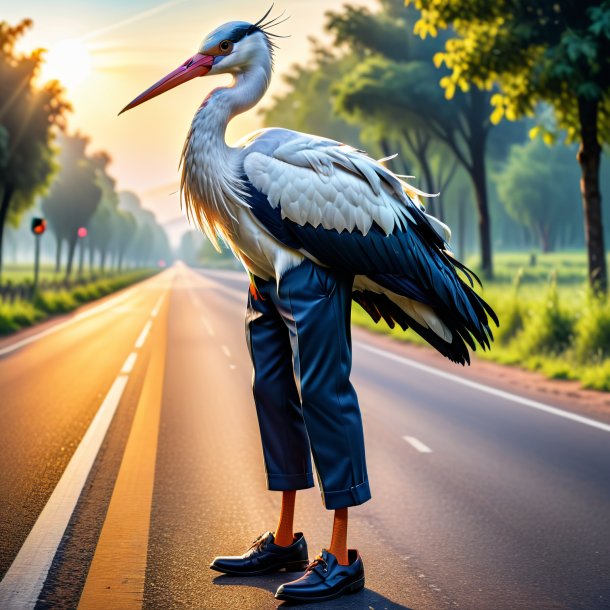 Photo of a stork in a trousers on the road