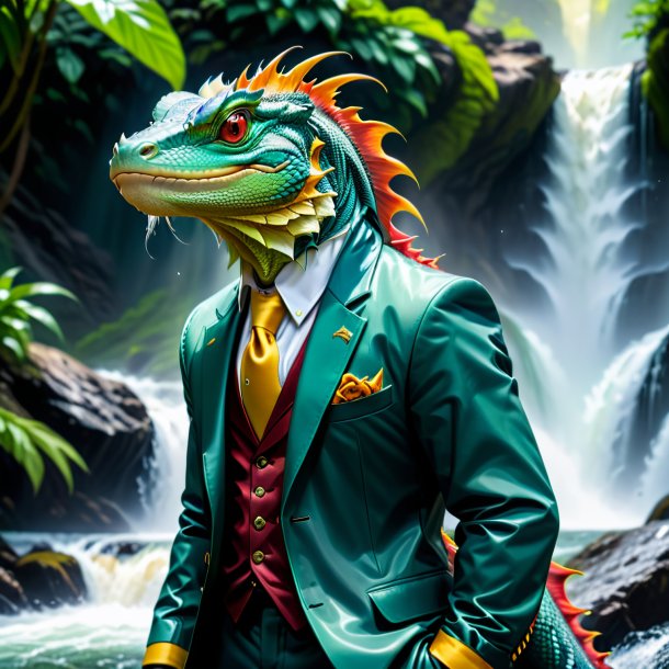 Photo of a basilisk in a jacket in the waterfall