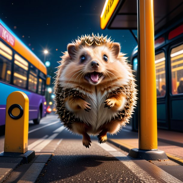 Image of a jumping of a hedgehog on the bus stop