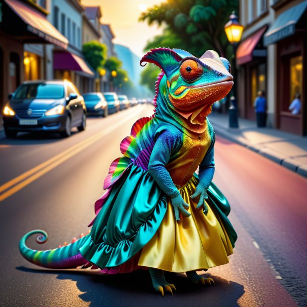 Picture of a chameleon in a dress on the road