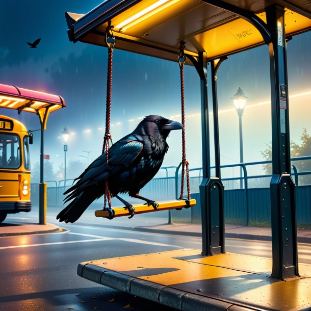 Pic of a swinging on a swing of a crow on the bus stop