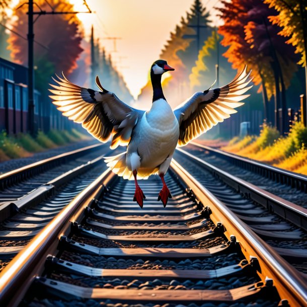 Photo of a jumping of a goose on the railway tracks