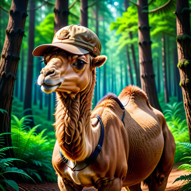 Pic of a camel in a cap in the forest