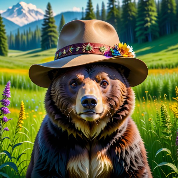 Pic of a bear in a hat in the meadow