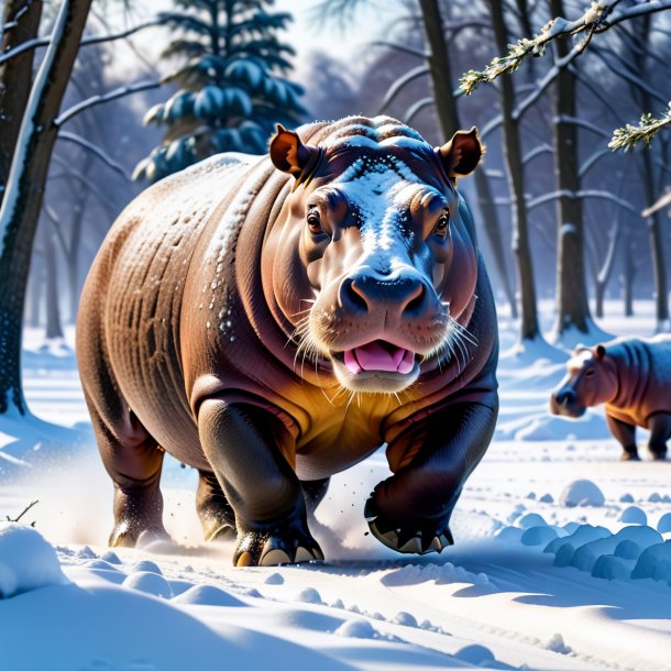 Photo of a playing of a hippopotamus in the snow