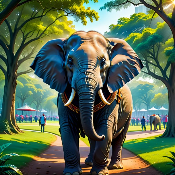 Drawing of a elephant in a belt in the park