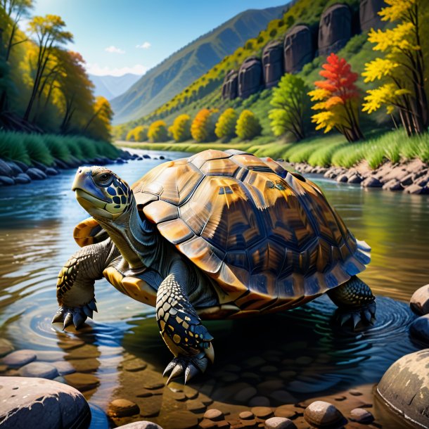 Picture of a tortoise in a coat in the river