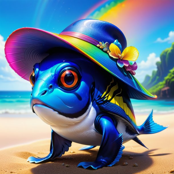 Drawing of a blue tang in a hat on the rainbow