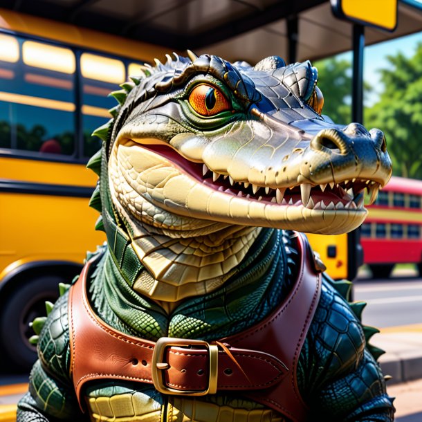 Image of a alligator in a belt on the bus stop