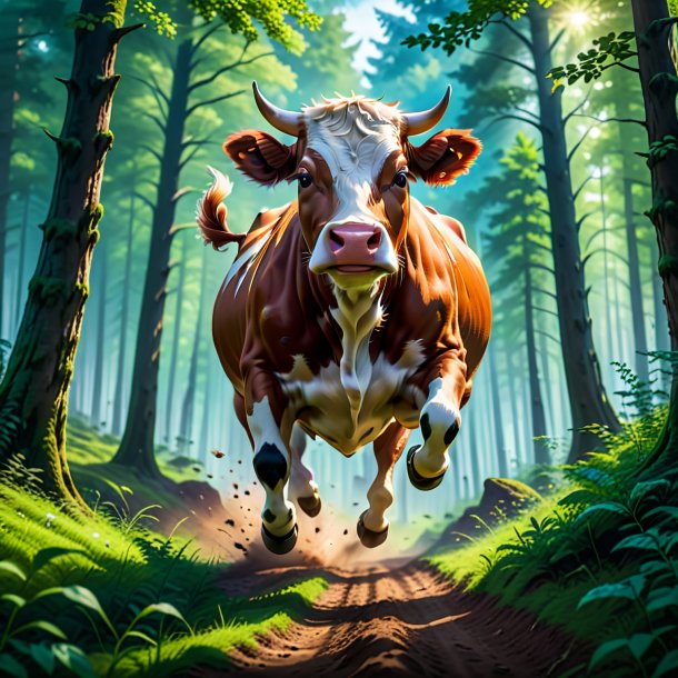 Pic of a jumping of a cow in the forest